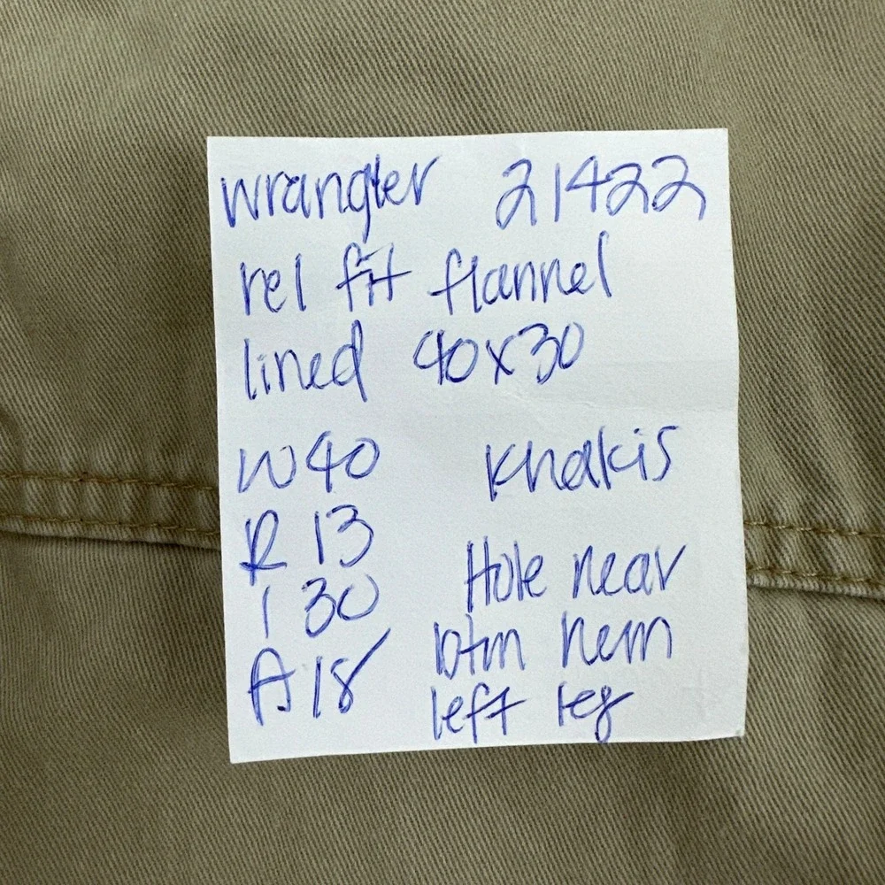Wrangler Cargo Pants Mens 40x30 Khaki Relaxed Fit Flannel Fleece Lined